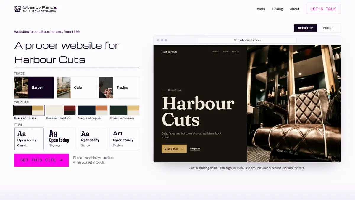 The Sites by Panda homepage, with the builder showing a barber's site for Harbour Cuts